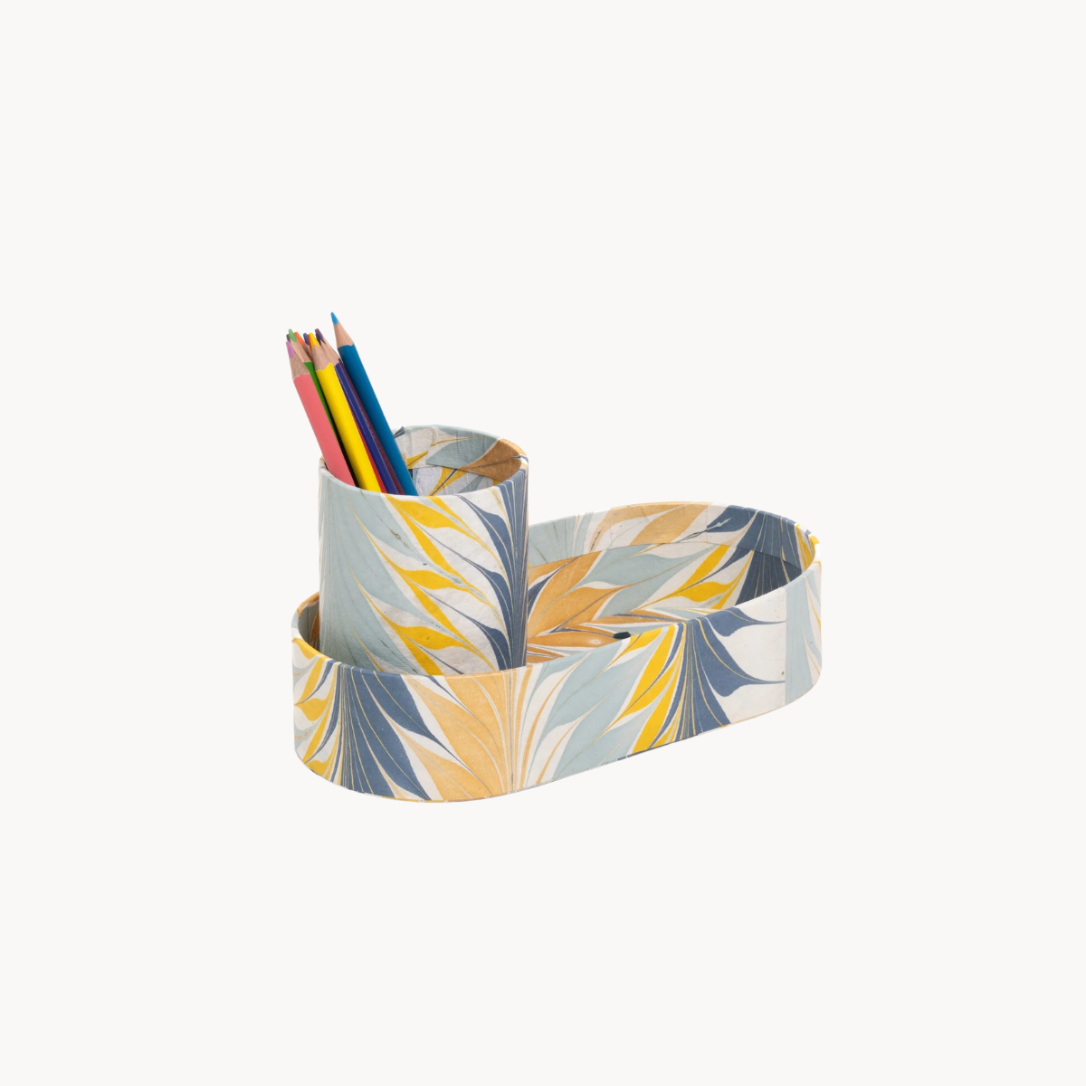Hand-Marbled Desk Tray & Pencil Holder Organizer in Golden Blue Marbling