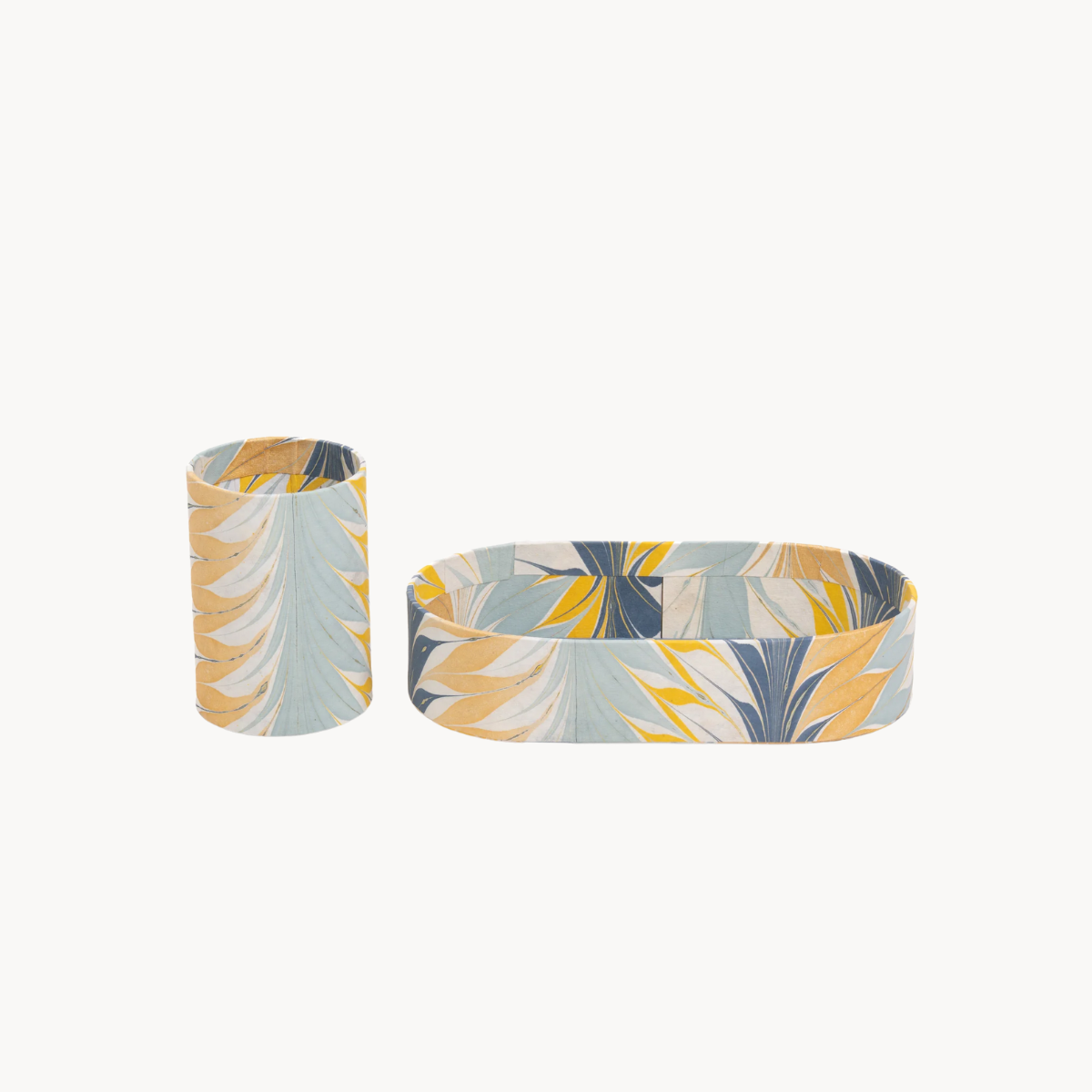 Hand-Marbled Desk Tray & Pencil Holder Organizer in Golden Blue Marbling