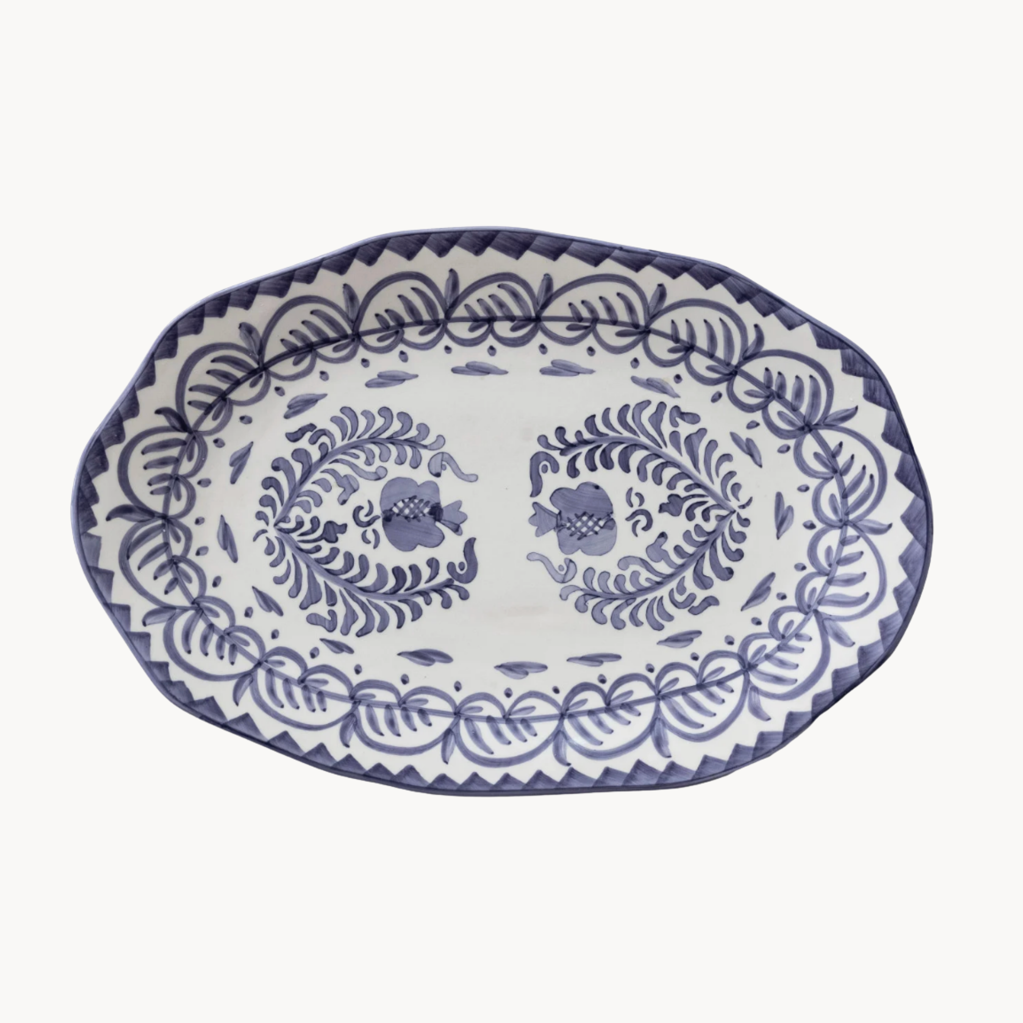 Hand-Painted Stoneware Organic Shaped Platter with Botanical Design