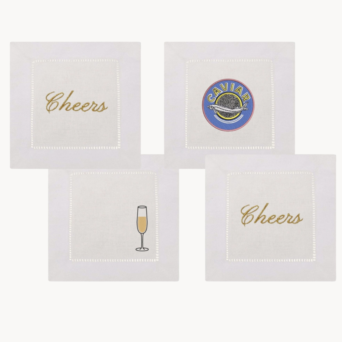 set of four champagne and caviar embroidered cocktail napkins for entertaining and bar cart use