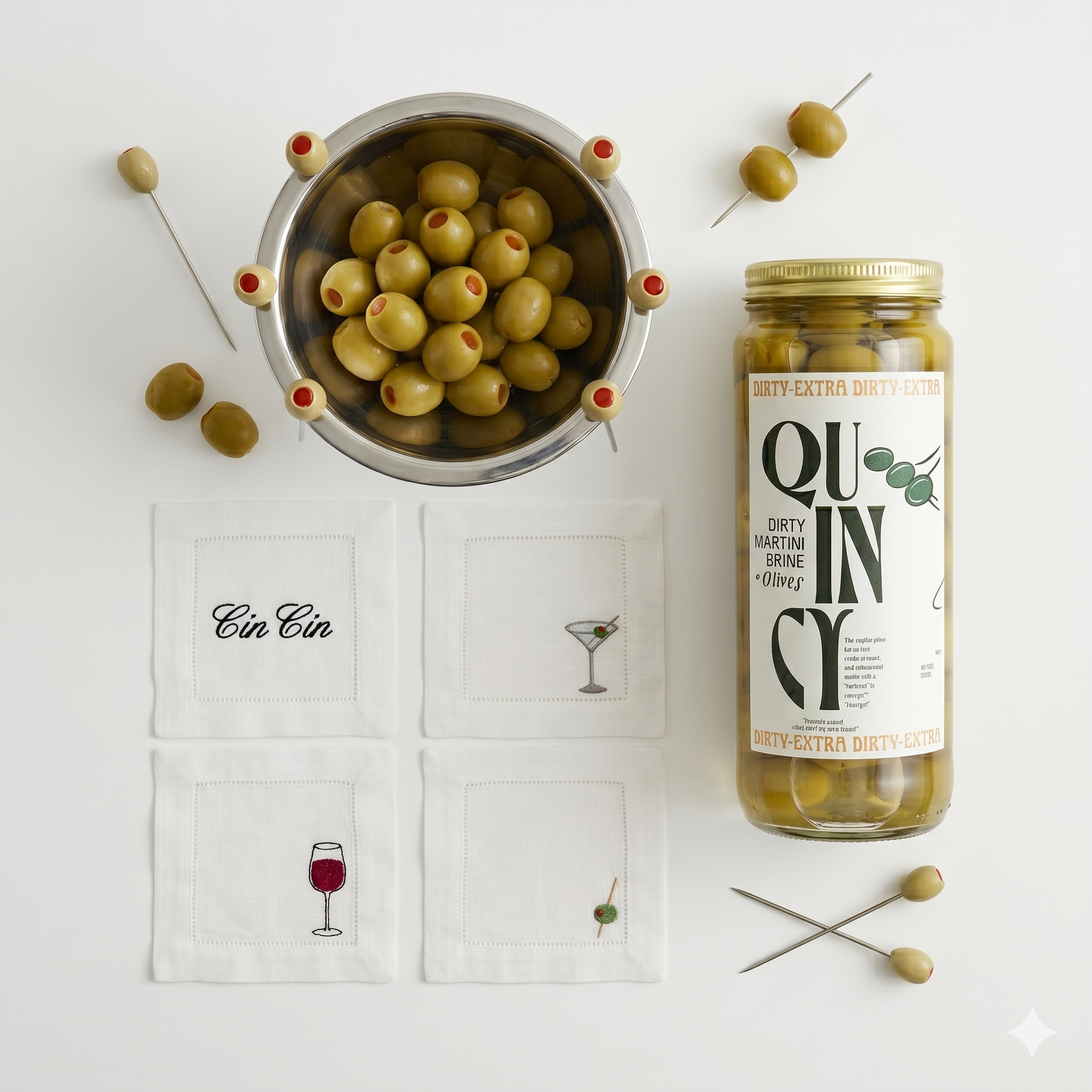 Dirty martini gift set with olives, cocktail napkins, and garnish picks styled for entertaining