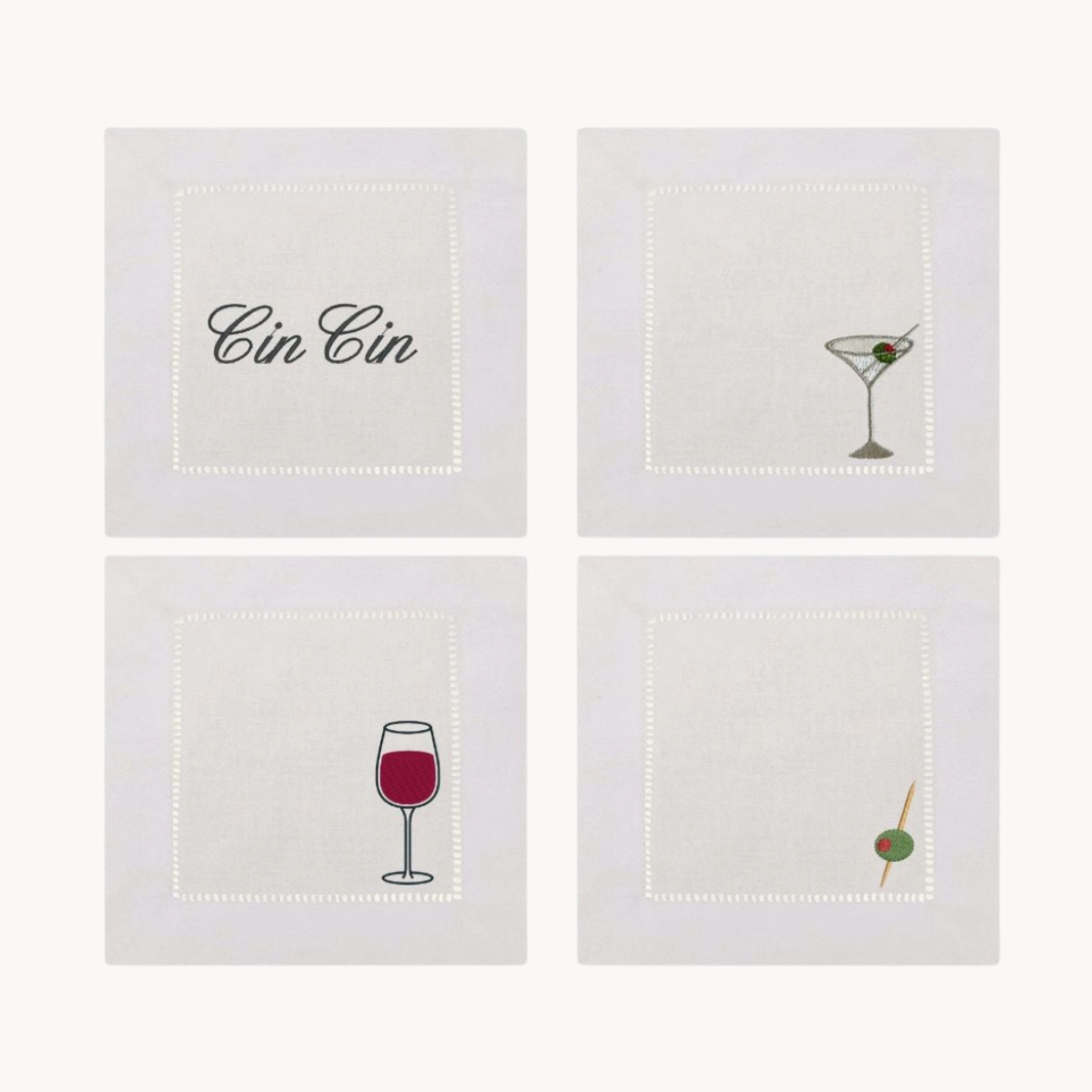 set of four happy hour embroidered cocktail napkins for entertaining and bar cart styling