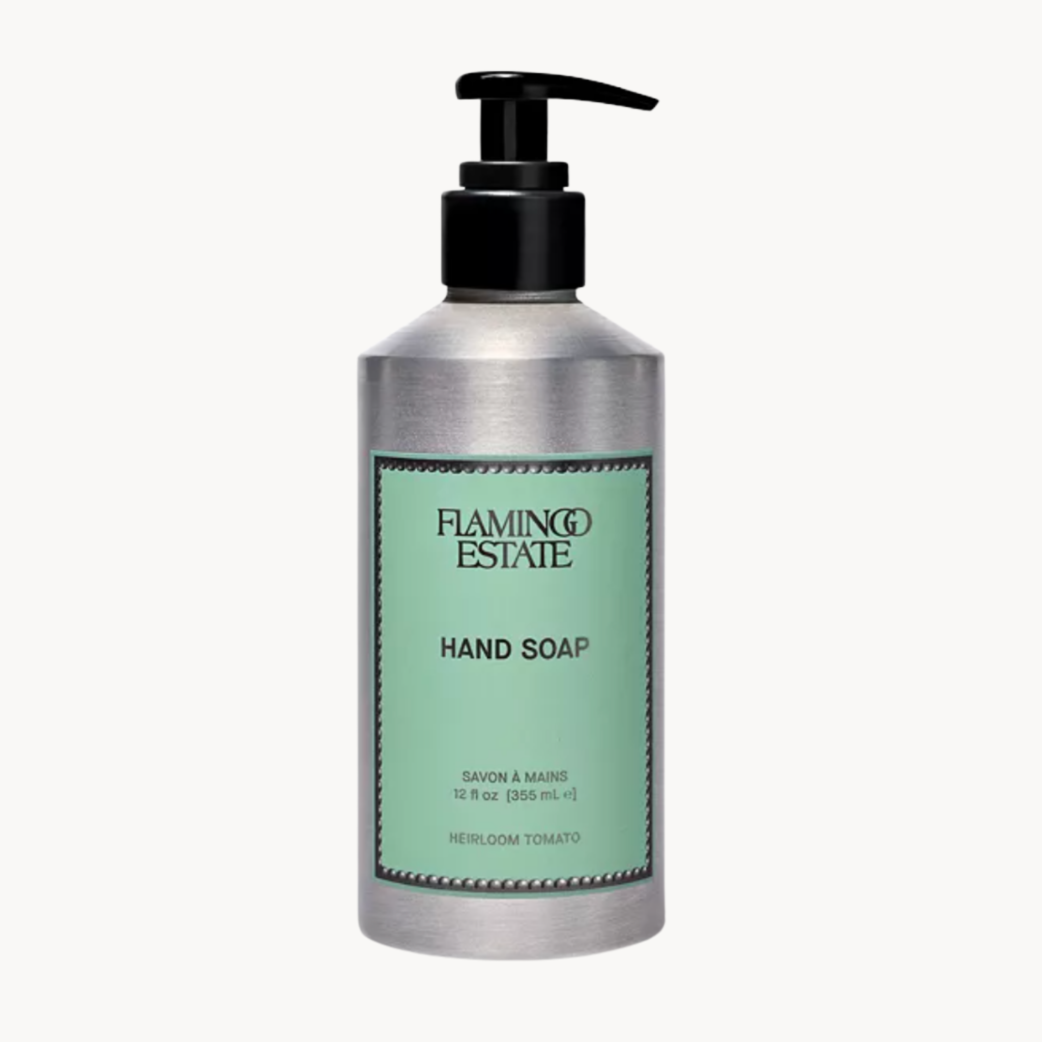 green heirloom tomato scented hand soap in bottle with fresh herbaceous fragrance