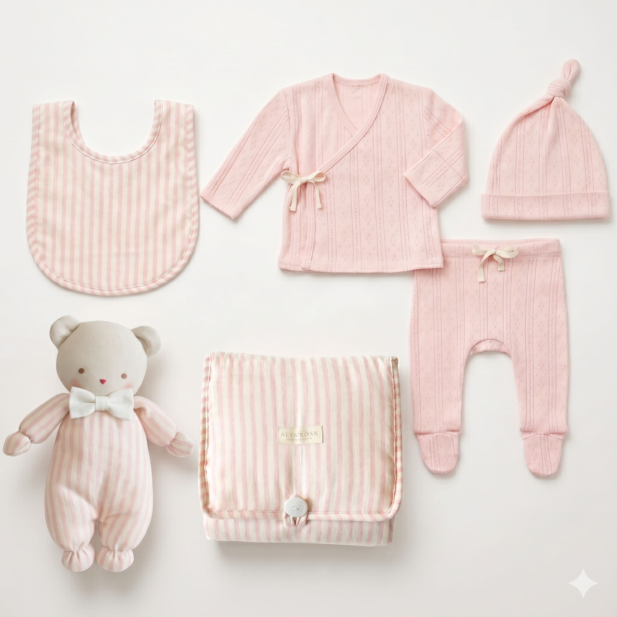 Newborn baby girl gift set with pointelle pink take home from the hospital outfit, bib, blanket, and plush toy