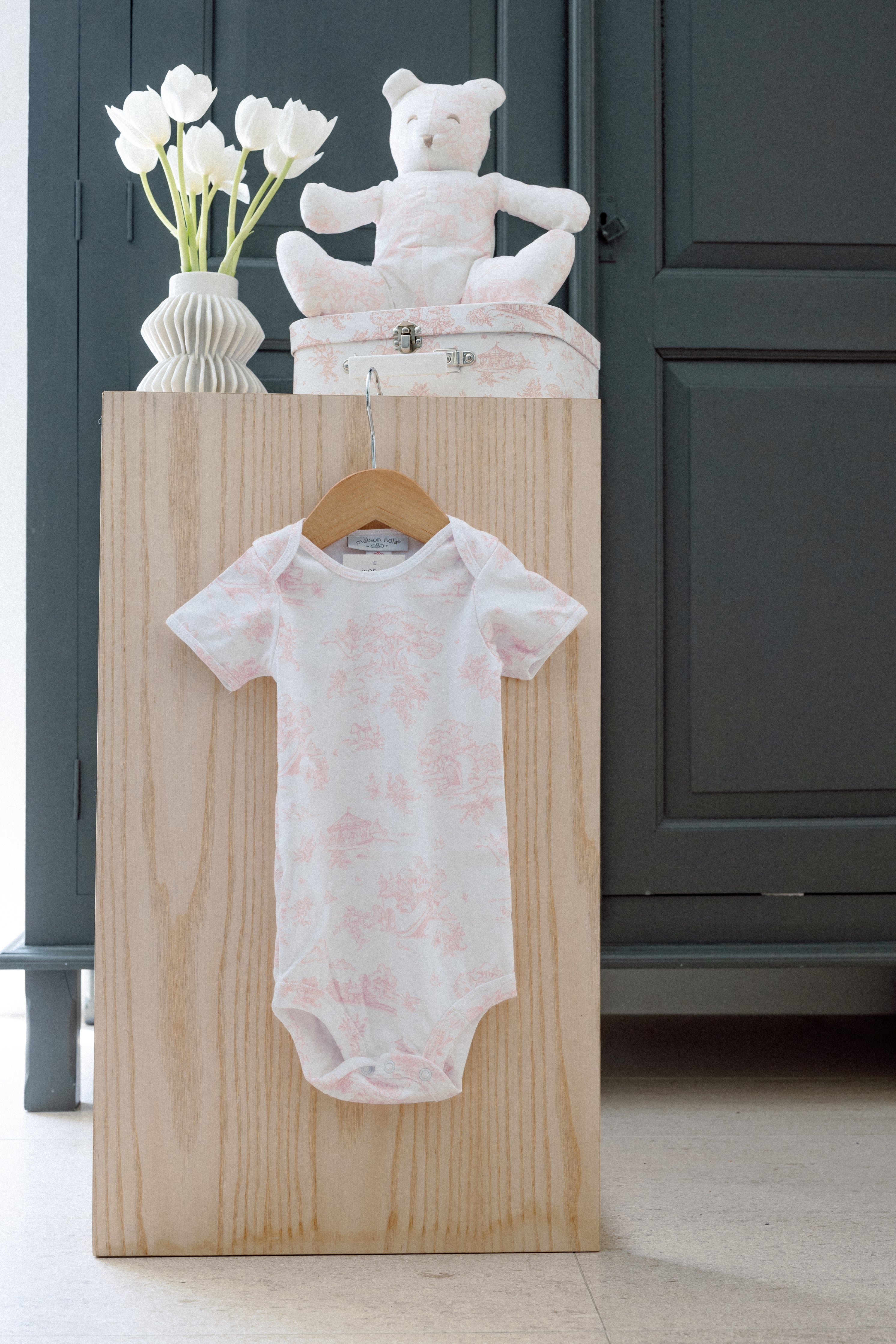 Toile Bear, Keepsake Trunk, & Onesie Set