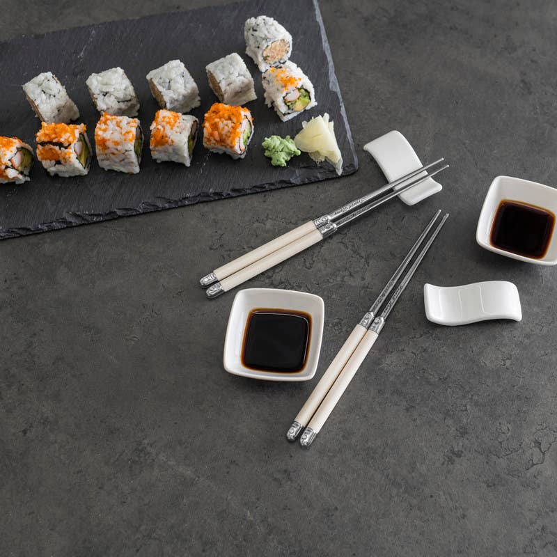 Chopsticks & Ceramic Rests with Sauce Bowls Set