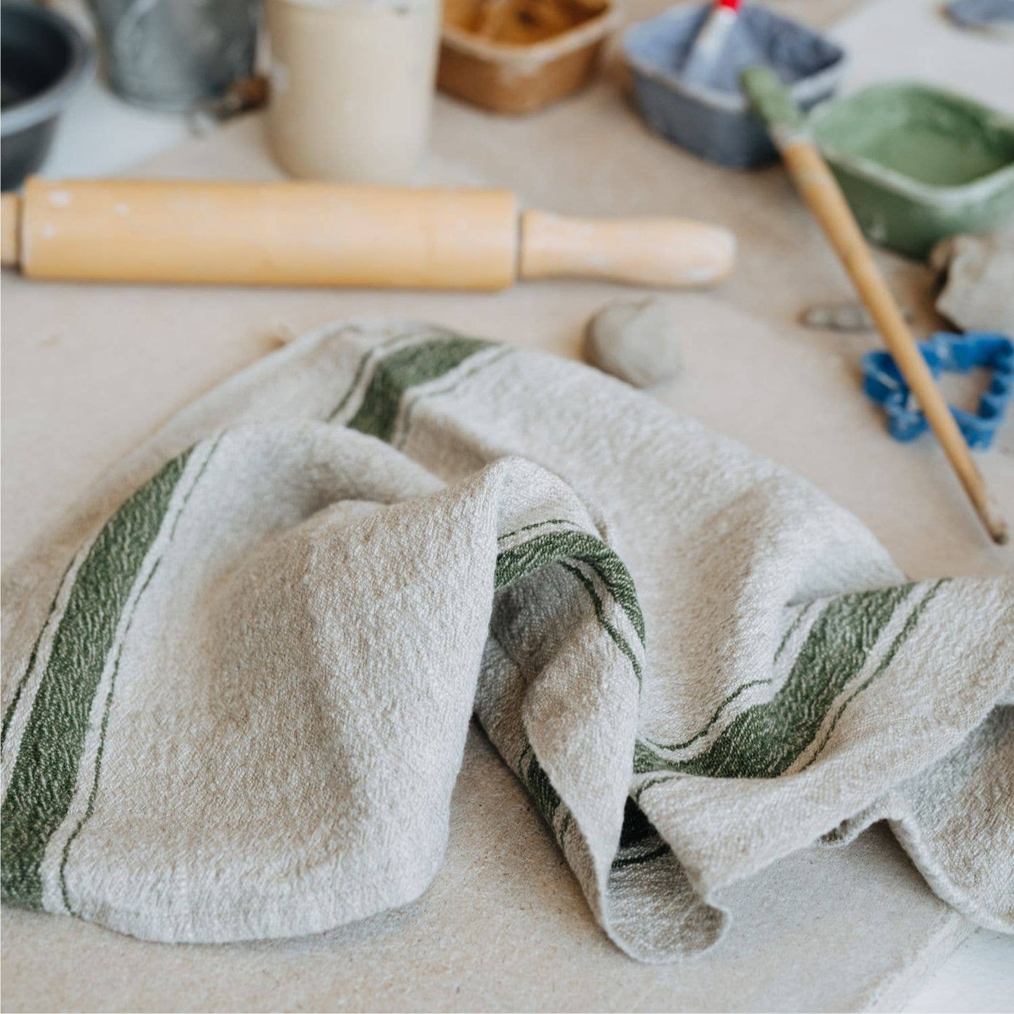 Green Stripe Vintage Linen Kitchen Towel