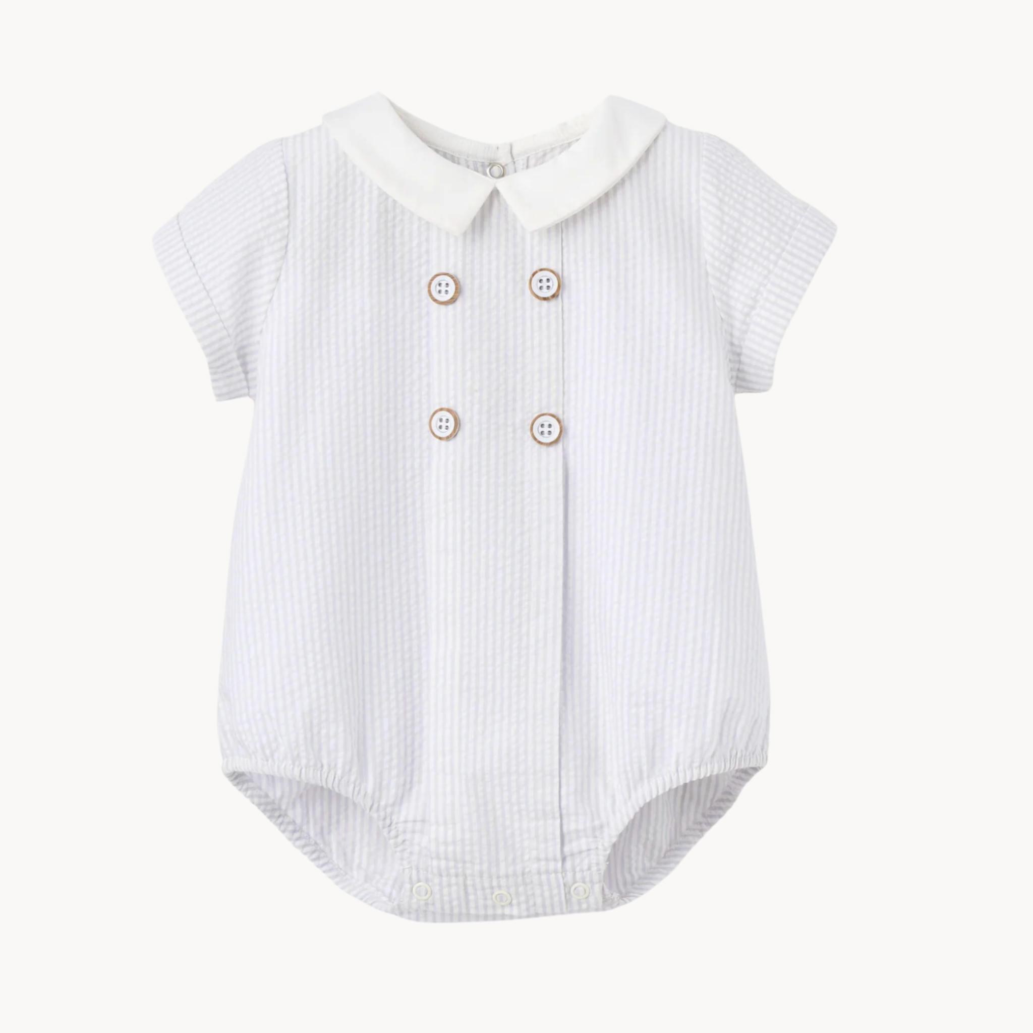 Baby boy blue seersucker button-front bubble romper