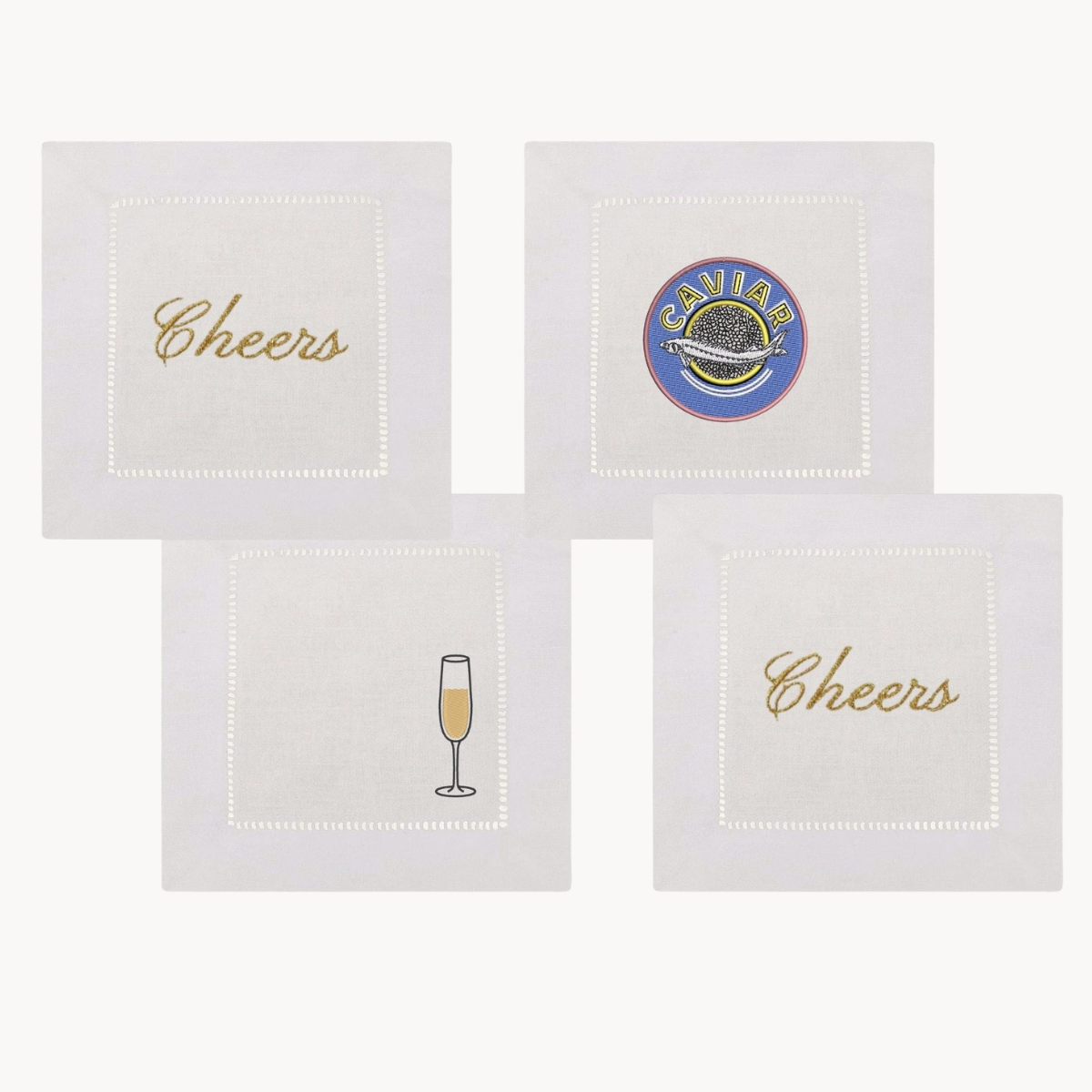 Champagne & Caviar Embroidered Cocktail Napkins- Set of 4