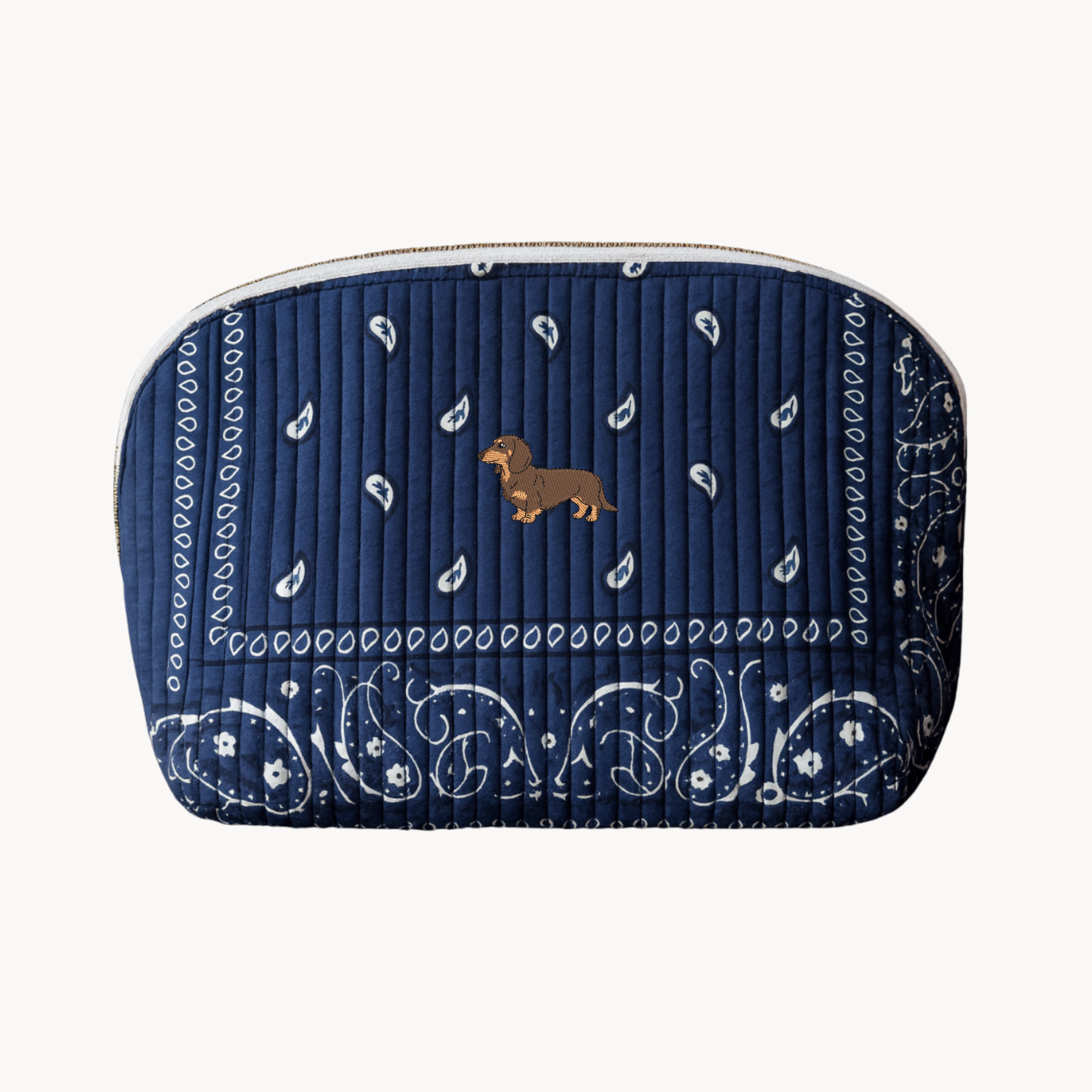 Dog Embroidery Navy Paisley Pouch