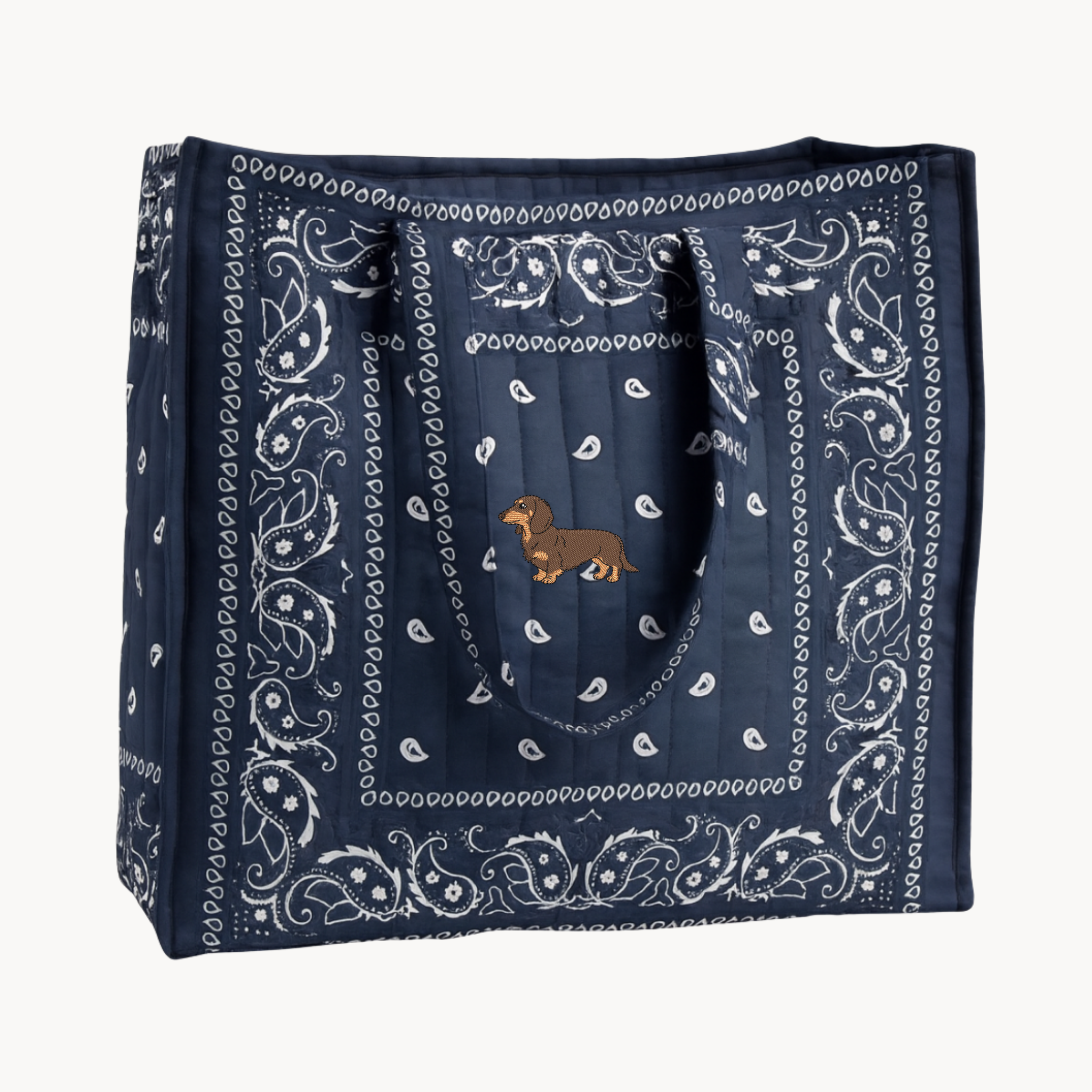 Dog Embroidery Navy Paisley Tote