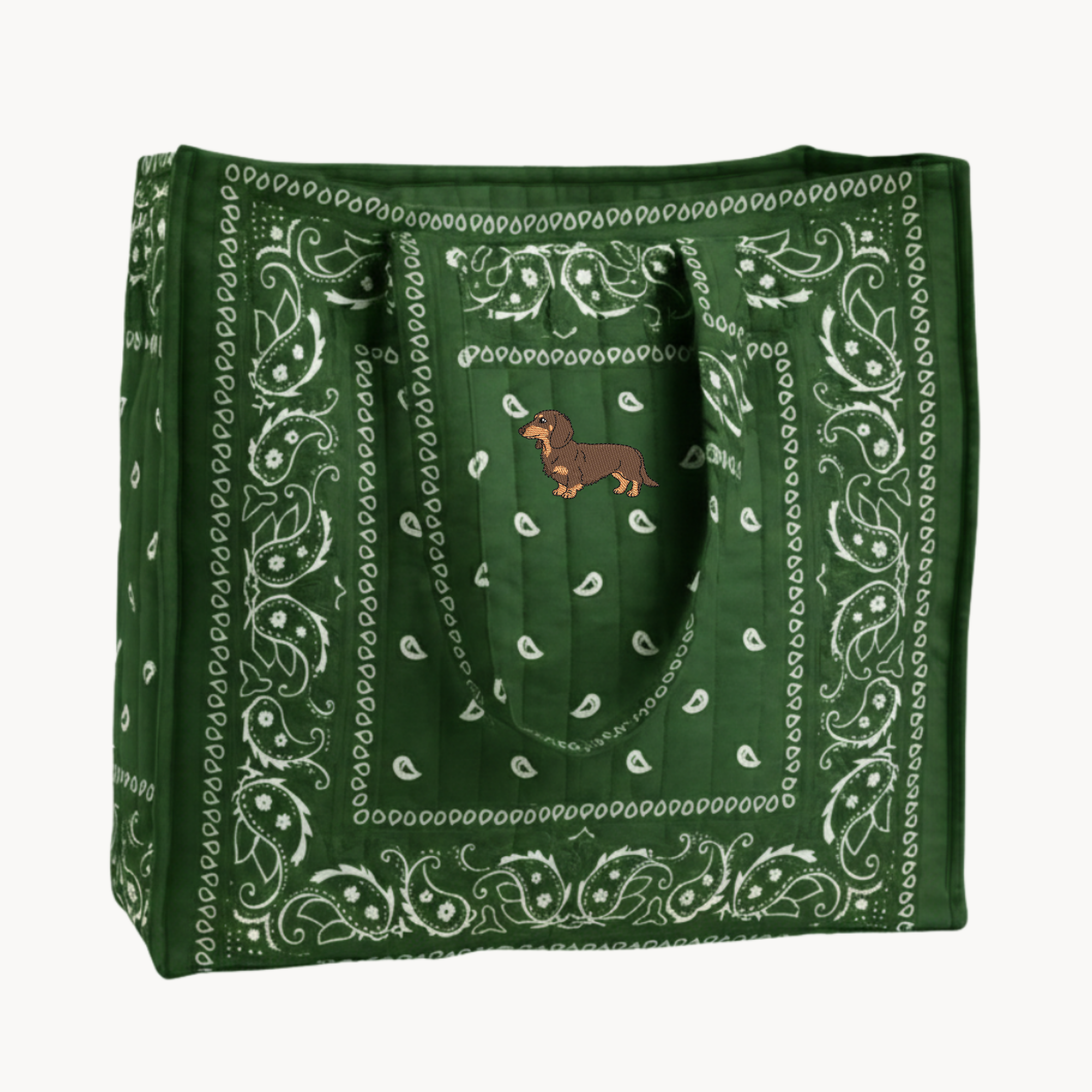 Dog Embroidery Green Paisley Tote