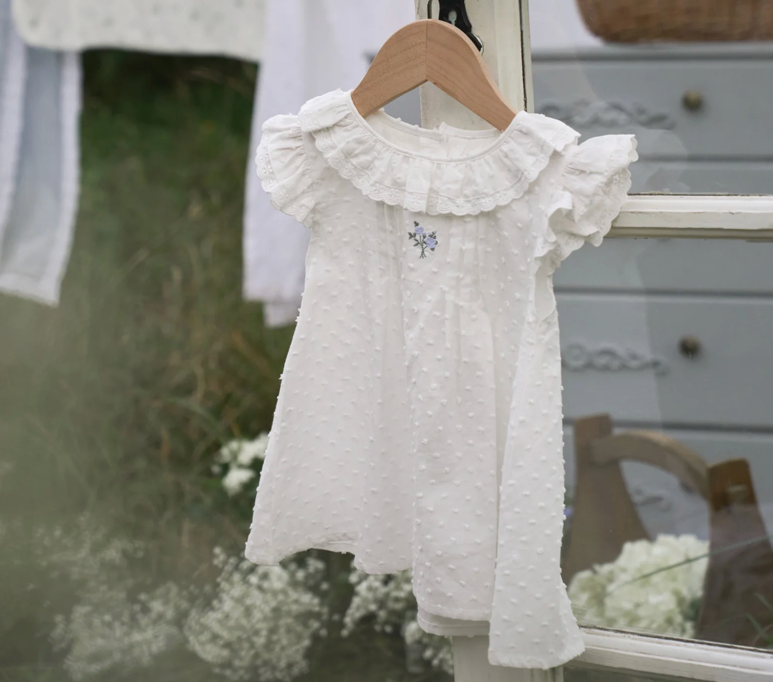 Swiss Dot Pintucked Dress w/ Rose Embroidery