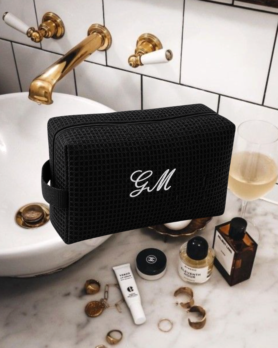 Black Large Custom Waffle Cosmetic Bag