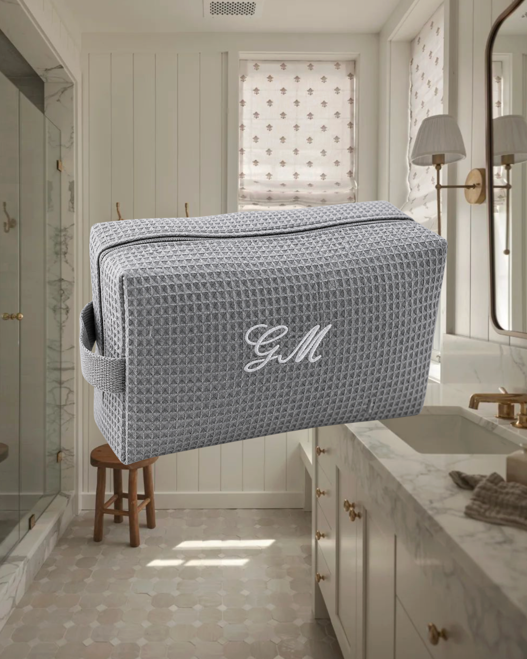 Gray Large Custom Waffle Cosmetic Bag