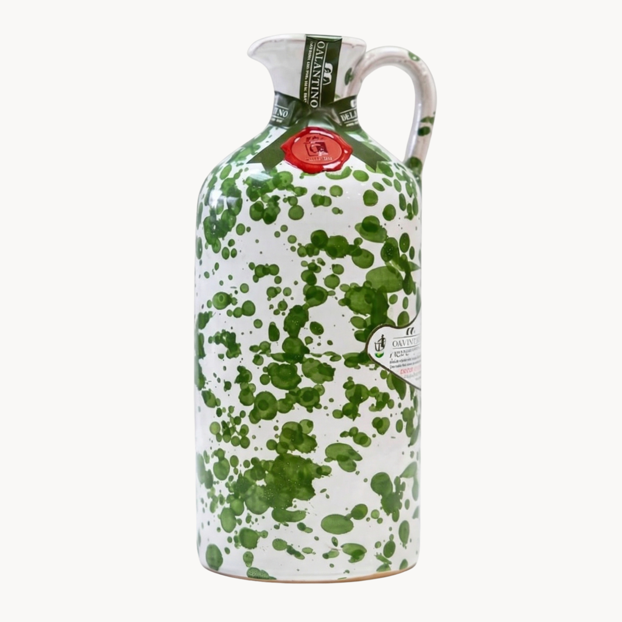 green glazed ceramic bottle extra virgin olive oil with decorative design for kitchen display