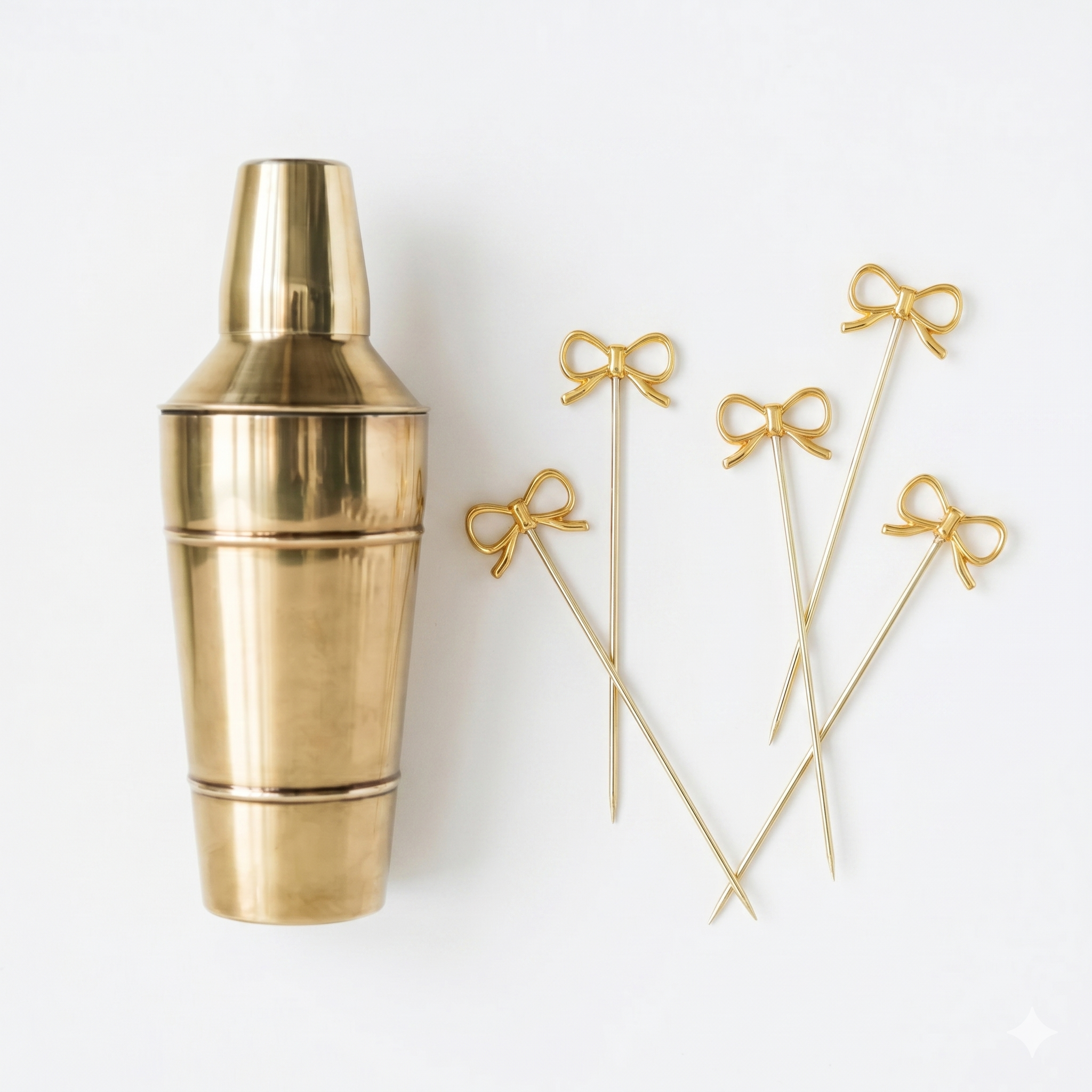 Gold cocktail shaker with bow martini picks from the Martini Girl Set No. 1