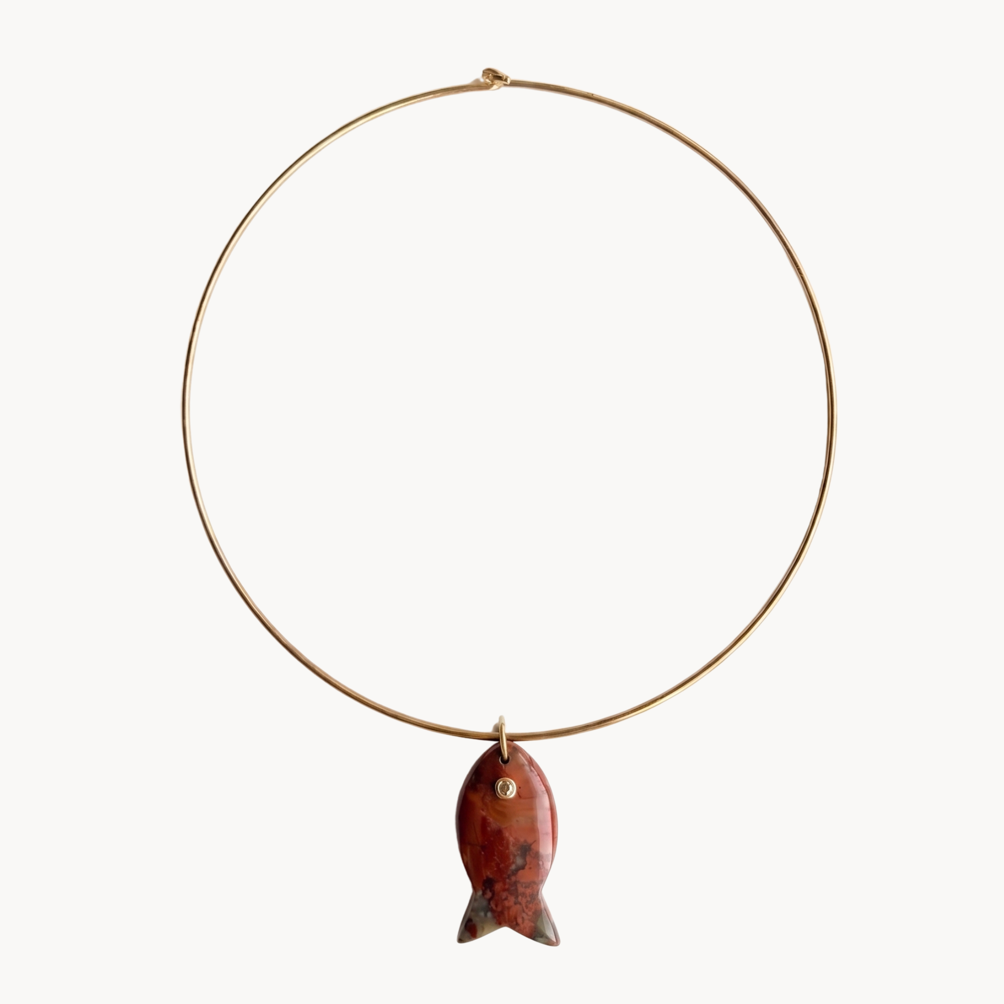 Stone Fish Collar statement necklace with carved stone fish pendant on beaded chain