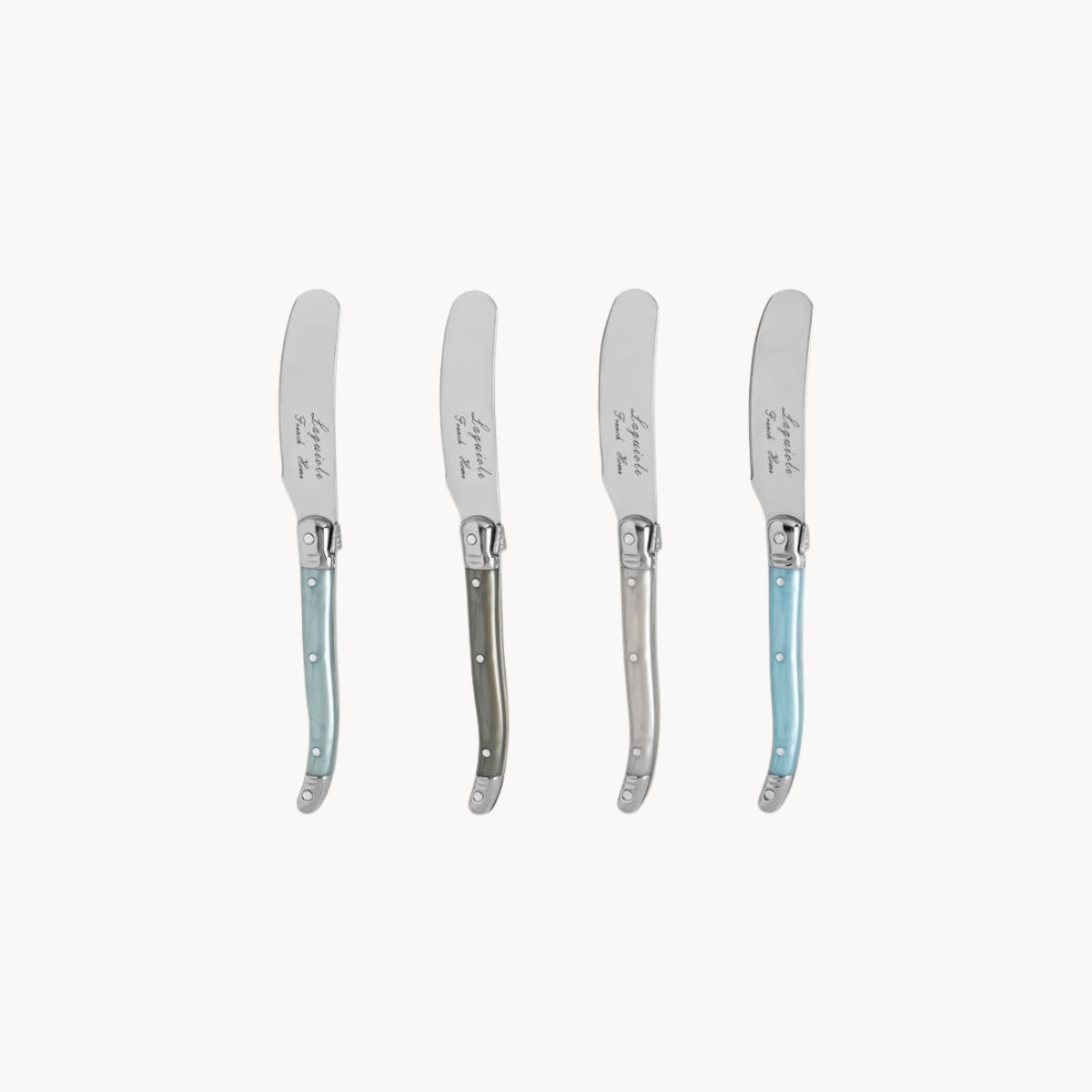 mother of pearl handle spreader knife set with iridescent finish and stainless steel blades