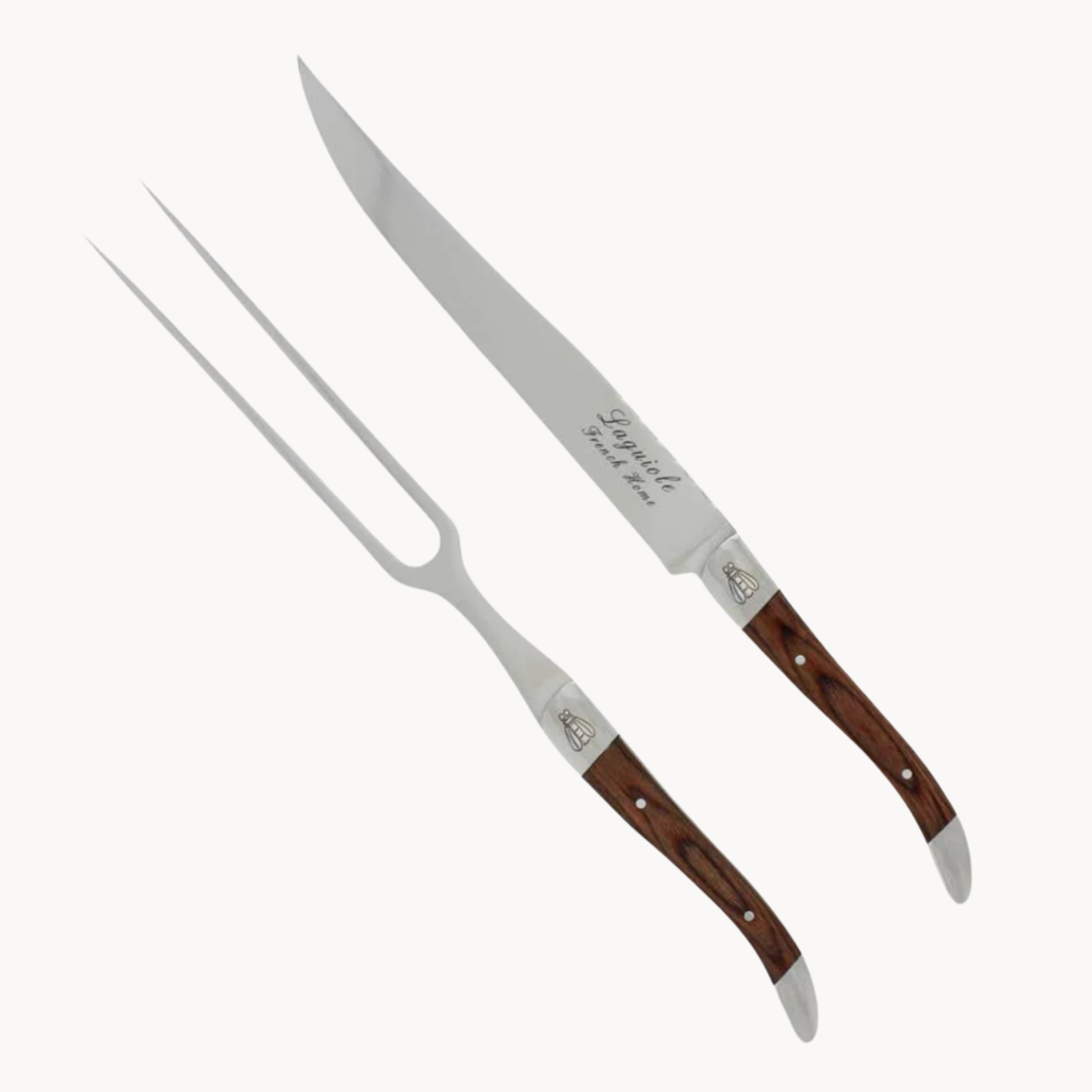 pakkawood carving knife and fork set with warm brown wooden handles and stainless steel blades