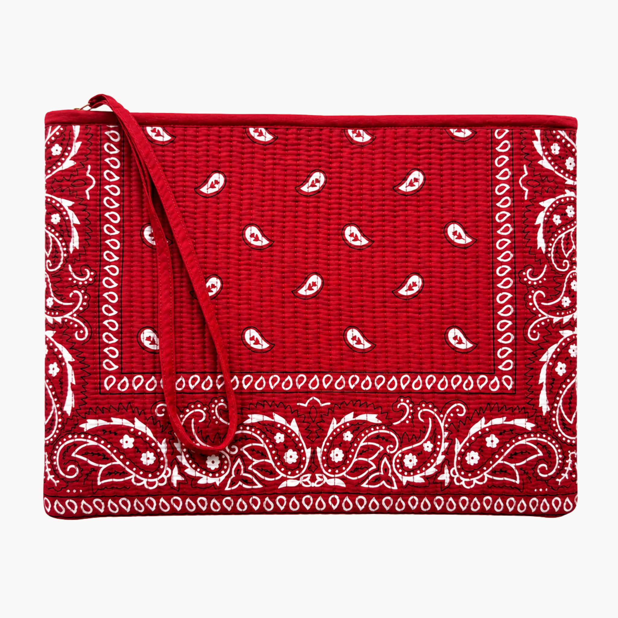 Red quilted paisley waterproof pouch with wrist strap on a white background, perfect for travel, makeup, toiletries, or wet swimsuits after the beach or pool