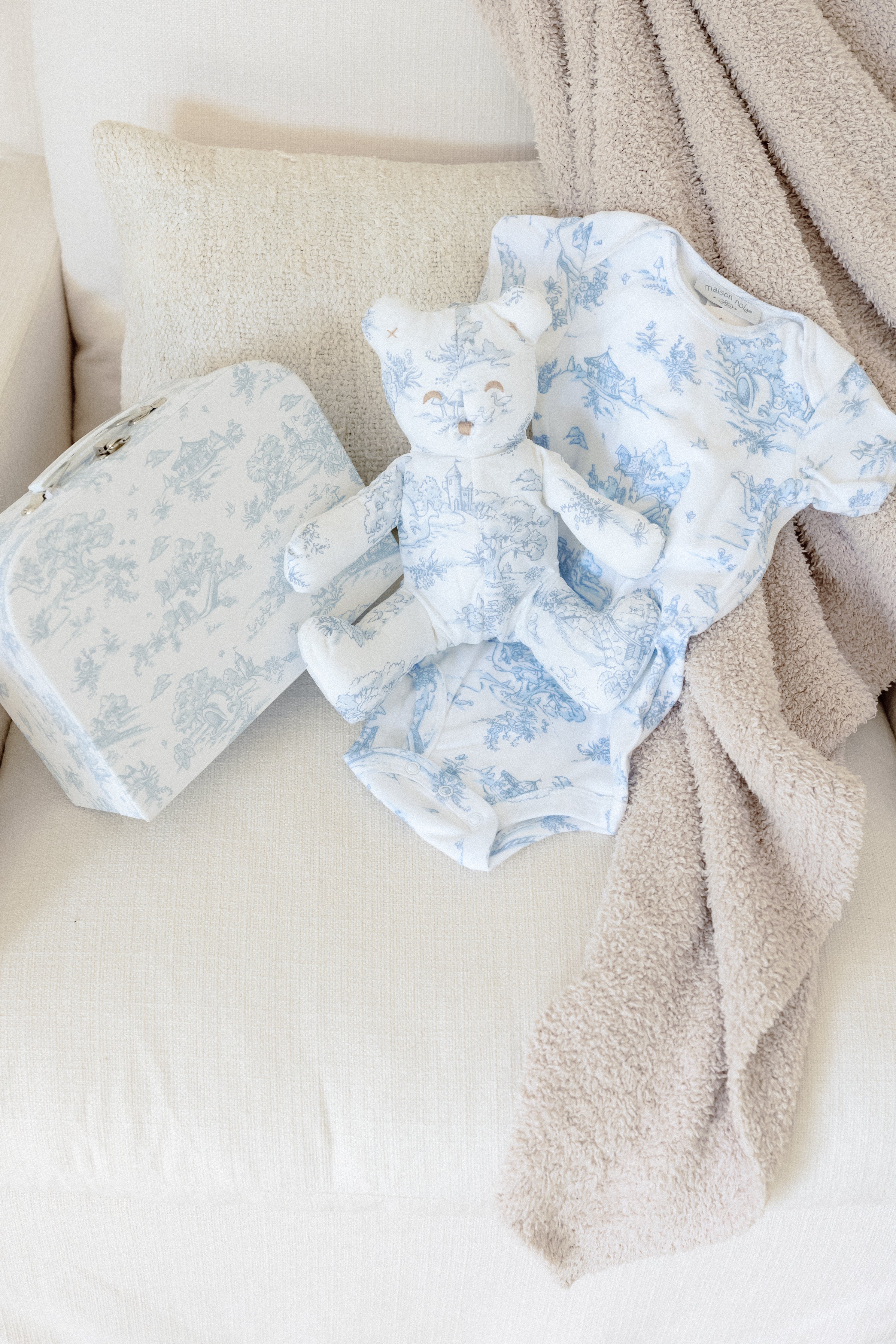 Toile Bear, Keepsake Trunk, & Onesie Set